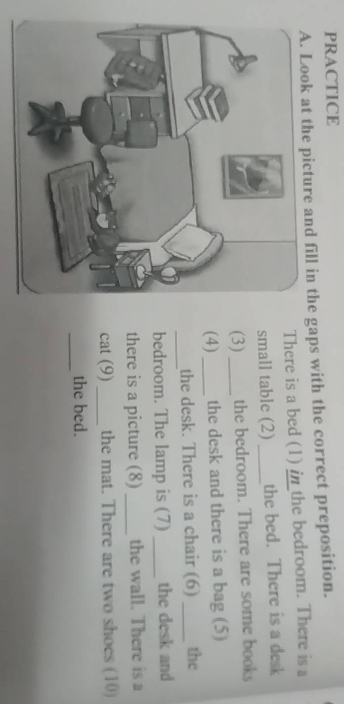 PRACTICE 
A. Look at the picture and fill in the gaps with the correct preposition. 
There is a bed (1) in the bedroom. There is a 
small table (2) _the bed. There is a desk 
(3) _the bedroom. There are some books 
(4)_ the desk and there is a bag (5) 
_ 
the desk. There is a chair (6) _the 
bedroom. The lamp is (7)_ the desk and 
there is a picture (8) _the wall. There is a 
cat (9) _the mat. There are two shoes (10) 
_ 
the bed.