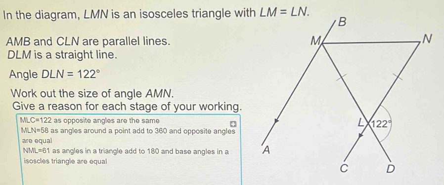 In the diagram, LMN is an isosceles triangle with LM=LN. AMB and CLN ...
