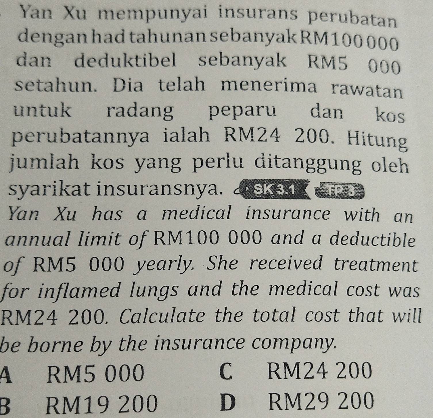 Yan Xu mempunyai insurans perubatan
dengan had tahunan sebanyak RM100 000
dan deduktibel sebanyak RM5 000
setahun. Dia telah menerima rawatan
untuk radang peparu dan kos
perubatannya ialah RM24 200. Hitung
jumlah kos yang perlu ditanggung oleh 
syarikat insuransnya. sk 3.1
Yan Xu has a medical insurance with an
annual limit of RM100 000 and a deductible
of RM5 000 yearly. She received treatment
for inflamed lungs and the medical cost was
RM24 200. Calculate the total cost that will
be borne by the insurance company.
A RM5 000
C RM24 200
B RM19 200 D RM29 200