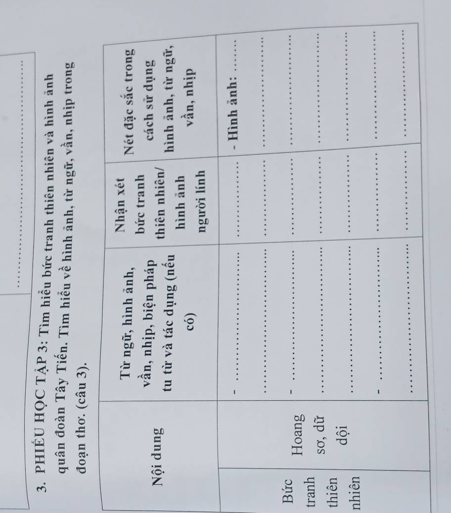 PHIẾU HQC TẠP 3: Tìm hiểu bức tranh thiên nhiên và hình ảnh 
quân đoàn Tây Tiến. Tìm hiểu về hình ảnh, từ ngữ, vần, nhịp trong 
đoạn thơ. (câu 3). 
B 
tra 
thi 
nh 
_