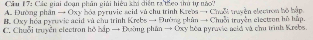 Các giai đoạn phân giải hiều khí diển ra theo thứ tự nào?
A. Đường phân → Oxy hóa pyruvic acid và chu trình Krebs → Chuỗi truyền electron hô hập.
B. Oxy hóa pyruvic acid và chu trình Krebs → Đường phân → Chuỗi truyền electron hô hấp.
C. Chuỗi truyền electron hô hấp → Đường phân → Oxy hóa pyruvic acid và chu trình Krebs.