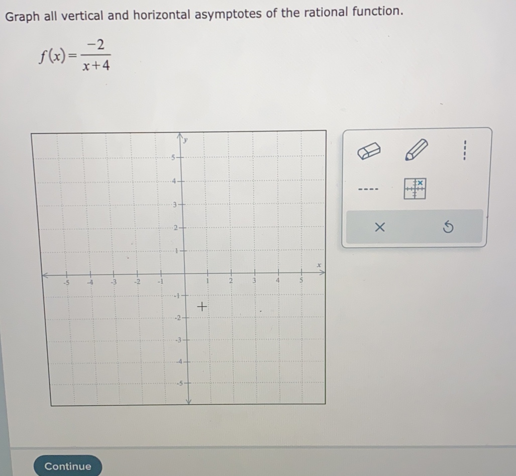 Graph all vertical and horizontal asymptotes of the rational function.
f(x)= (-2)/x+4 
× 
Continue