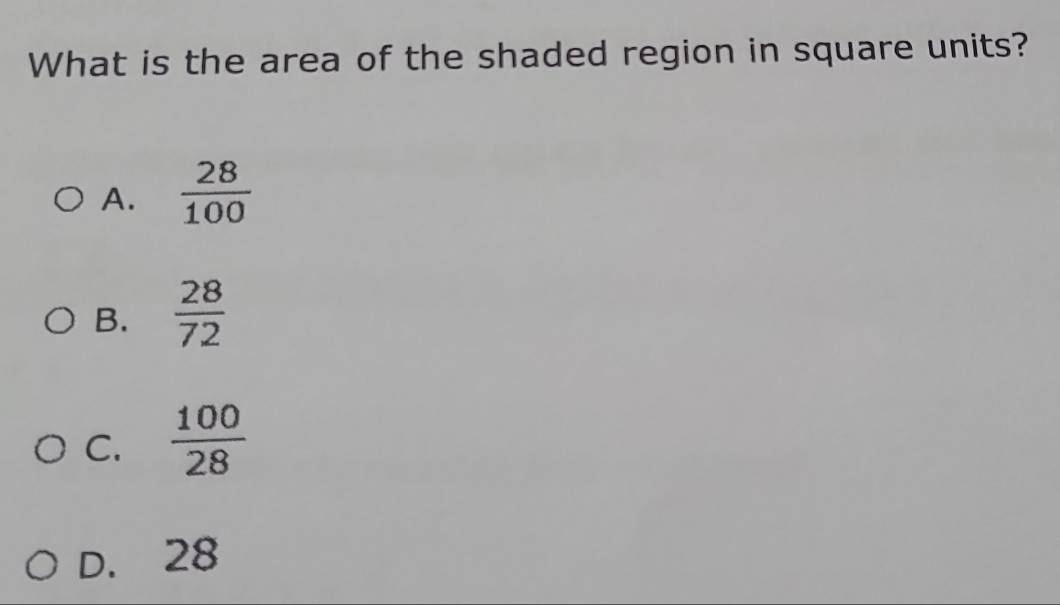 What is the area of the shaded region in square units?
A.  28/100 
B.  28/72 
C.  100/28 
D. 28