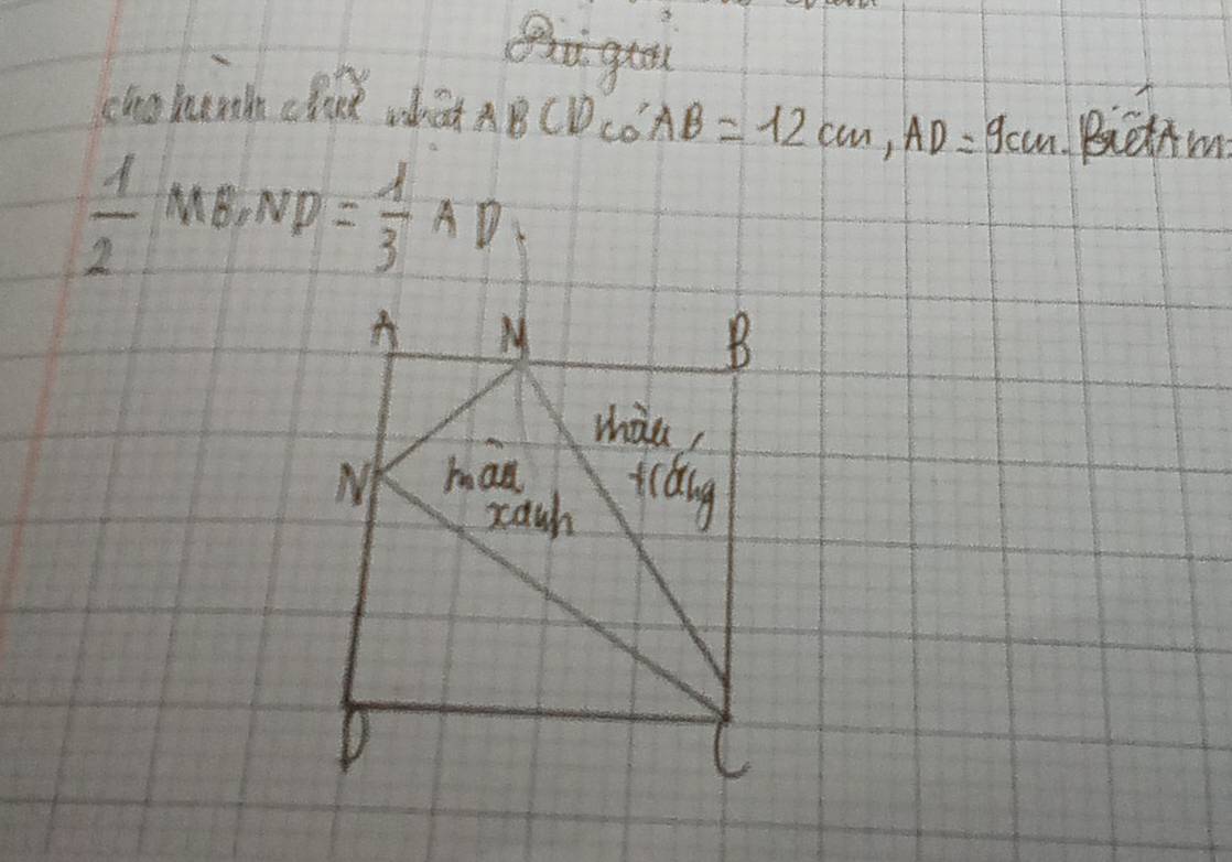 chohun chd what AB CDCo AB=12cm, AD=9cm Bietam
 1/2 MB· ND= 1/3 AD·