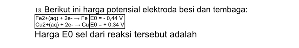 Berikut ini harga potensial elektroda besi dan tembaga:
Fe2+(aq)+2e-to Fe|EO=-0,44V
Cu2+(aq)+2e-to Cu|EO=+0,34V
Harga E0 sel dari reaksi tersebut adalah