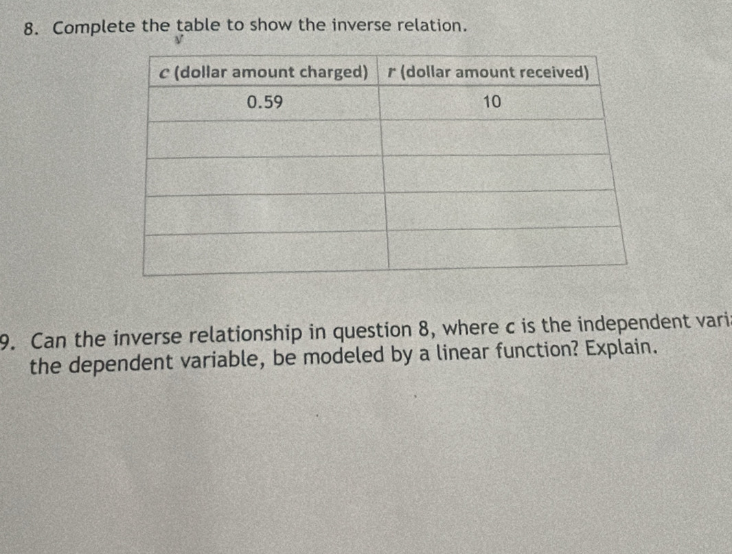 Complete the table to show the inverse relation. 
9. Can the inverse relationship in question 8, where c is the independent vari 
the dependent variable, be modeled by a linear function? Explain.