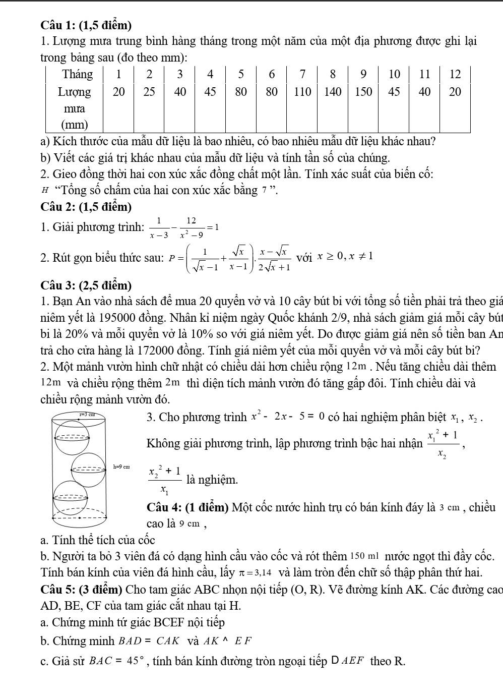 (1,5 điểm)
1. Lượng mưa trung bình hàng tháng trong một năm của một địa phương được ghi lại
trong bảng sau (đo theo mm):
a) Kích thước của mẫu dữ liệu là bao nhiêu, có bao nhiêu mẫu dữ liệu khác nhau?
b) Viết các giá trị khác nhau của mẫu dữ liệu và tính tần số của chúng.
2. Gieo đồng thời hai con xúc xắc đồng chất một lần. Tính xác suất của biến cố:
# “Tổng số chấm của hai con xúc xắc bằng 7 ”.
Câu 2: (1,5 điểm)
1. Giải phương trình:  1/x-3 - 12/x^2-9 =1
2. Rút gọn biểu thức sau: P=( 1/sqrt(x)-1 + sqrt(x)/x-1 ). (x-sqrt(x))/2sqrt(x)+1  với x≥ 0,x!= 1
Câu 3: (2,5 điểm)
1. Bạn An vào nhà sách để mua 20 quyển vở và 10 cây bút bi với tổng số tiền phải trả theo giả
niêm yết là 195000 đồng. Nhân kỉ niệm ngày Quốc khánh 2/9, nhà sách giảm giá mỗi cây bút
bi là 20% và mỗi quyển vở là 10% so với giá niêm yết. Do được giảm giá nên số tiền ban An
trả cho cửa hàng là 172000 đồng. Tính giá niêm yết của mỗi quyền vở và mỗi cây bút bi?
2. Một mảnh vườn hình chữ nhật có chiều dài hơn chiều rộng 12m . Nếu tăng chiều dài thêm
12m và chiều rộng thêm 2m thì diện tích mảnh vườn đó tăng gấp đôi. Tính chiều dài và
chiều rộng mảnh vườn đó.
3. Cho phương trình x^2-2x-5=0 có hai nghiệm phân biệt x_1,x_2.
Không giải phương trình, lập phương trình bậc hai nhận frac (x_1)^2+1x_2,
frac (x_2)^2+1x_1 là nghiệm.
Câu 4: (1 điểm) Một cốc nước hình trụ có bán kính đáy là 3 cm , chiều
cao là 9 cm ,
a. Tính thể tích của cốc
b. Người ta bỏ 3 viên đá có dạng hình cầu vào cốc và rót thêm 150 m1 nước ngọt thì đầy cốc.
Tính bán kính của viên đá hình cầu, lấy π =3,14 và làm tròn đến chữ số thập phân thứ hai.
Câu 5: (3 điểm) Cho tam giác ABC nhọn nội tiếp (O,R). Vẽ đường kính AK. Các đường cao
AD, BE, CF của tam giác cắt nhau tại H.
a. Chứng minh tứ giác BCEF nội tiếp
b. Chứng minh BAD=CAK và AK^(wedge)EF
c. Giả sử BAC=45° , tính bán kính đường tròn ngoại tiếp D AEF theo R.
