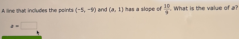 A line that includes the points (-5,-9) and (a,1) has a slope of  10/9 . What is the value of a?
a=□