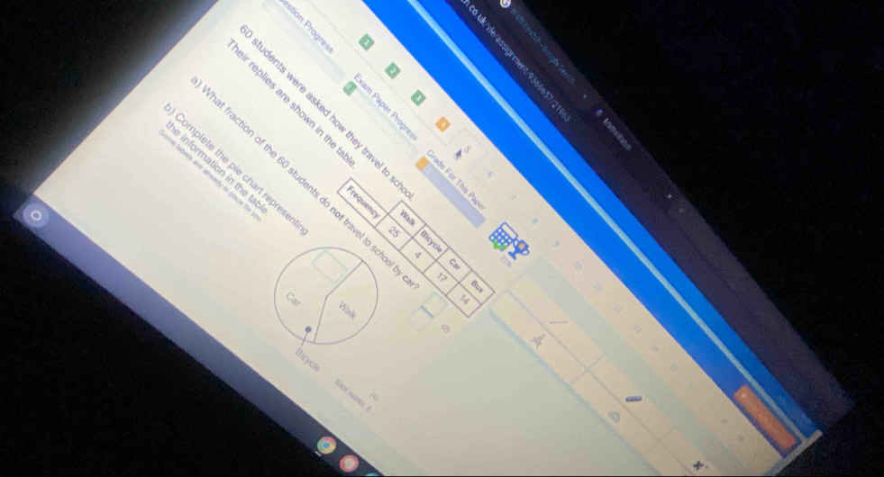 ir replies are shown in the t 
e 
e 
information in the ta 
Complete the pie chart represe 
he labels are already in place for 
at fraction of the 60 students do not travel to schod 
Frequenc Walk a
25 4
4
17
? 
Car
14
Walk 

Bicycle Fotal marks: