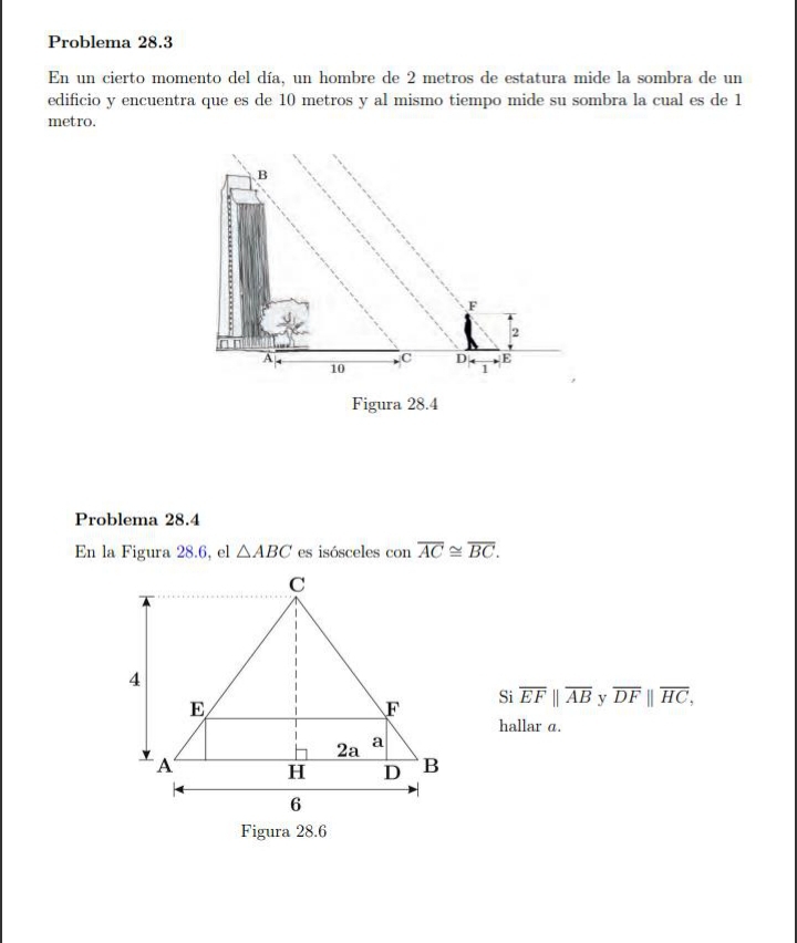 Problema 28.3 
En un cierto momento del día, un hombre de 2 metros de estatura mide la sombra de un 
edificio y encuentra que es de 10 metros y al mismo tiempo mide su sombra la cual es de 1
metro. 
Problema 28.4 
En la Figura 28.6, el △ ABC es isósceles con overline AC≌ overline BC. 
Si overline EFparallel overline AB y overline DF||overline HC, 
hallar a. 
Figura 28.6