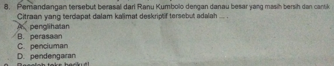 Pemandangan tersebut berasal dari Ranu Kumbolo dengan danau besar yang masih bersih dan cantik
Citraan yang terdapat dalam kalimat deskriptif tersebut adalah ... .
A. penglihatan
B. perasaan
C. penciuman
D. pendengaran