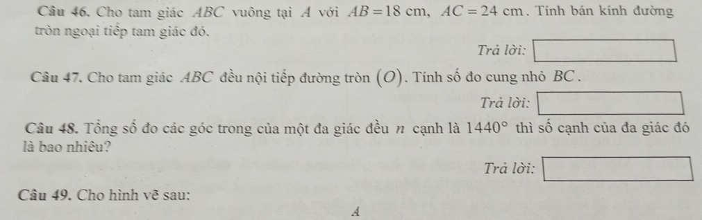 Cho tam giác ABC vuông tại A với AB=18cm, AC=24cm. Tính bán kính đường 
tròn ngoại tiếp tam giác đó. 
Trả lời: □ 
Câu 47. Cho tam giác ABC đều nội tiếp đường tròn (O). Tính số đo cung nhỏ BC. 
Trả lời: □ 
Câu 48. Tổng số đo các góc trong của một đa giác đều n cạnh là 1440° thì số cạnh của đa giác đó 
là bao nhiêu? 
Trả lời: □ 
Câu 49. Cho hình vẽ sau: 
A