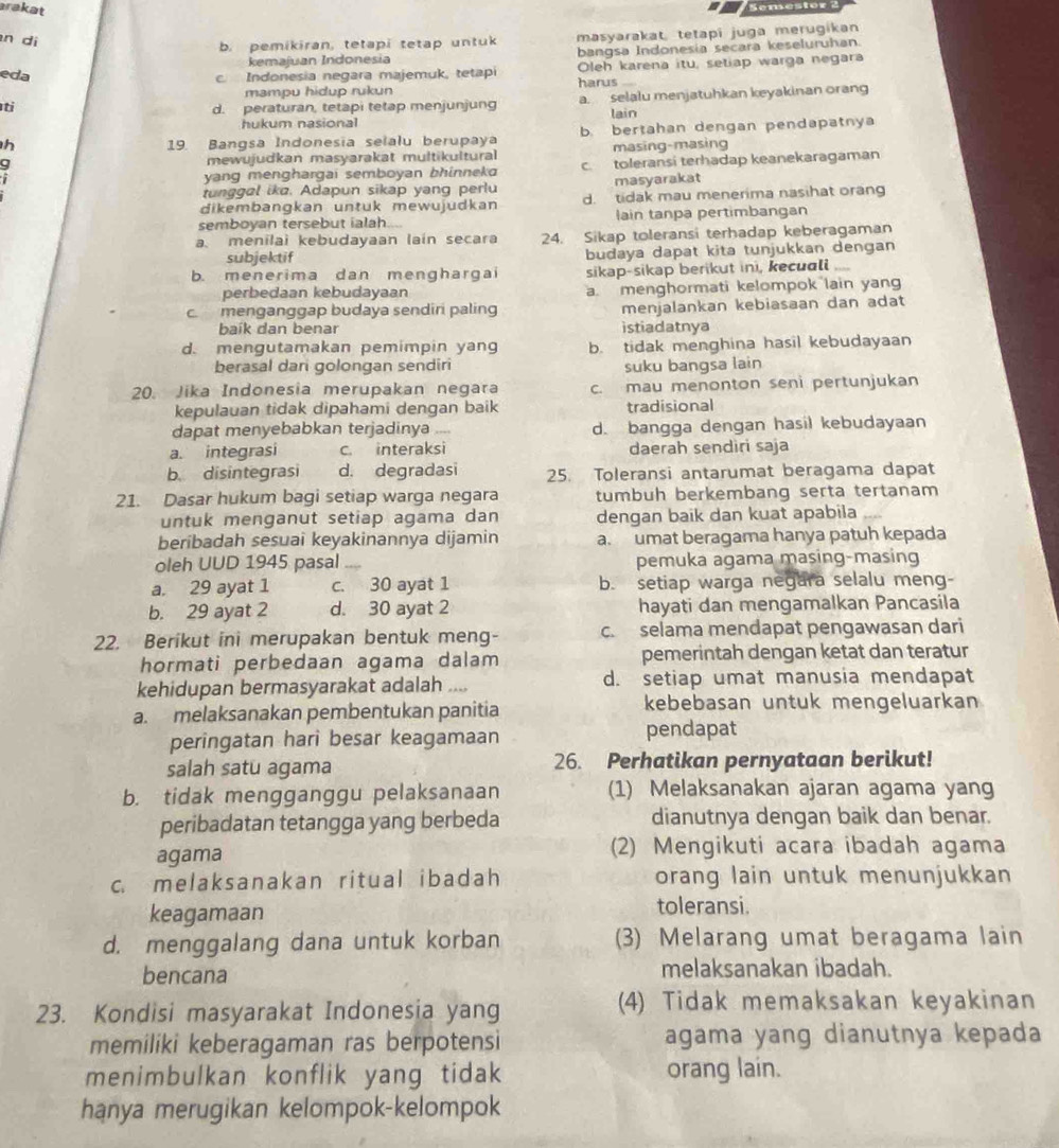 arakat
Semestor
n di
b. pemikiran, tetapi tetap untuk masyarakat tetapi juga merugikan
kemajuan Indonesia bangsa Indonesia secara keseluruhan
eda c. Indonesia negara majemuk, tetapi Oleh karena itu, setiap warga negara
mampu hidup rukun harus 
ti d. peraturan, tetapi tetap menjunjung a. selalu menjatuhkan keyakinan orang
hukum nasional lain
h 19. Bangsa Indonesia selalu berupaya b. bertahan dengan pendapatnya
mewujudkan masyarakat multikultural masing-masing
yang menghargai semboyan bhinneka c. toleransi terhadap keanekaragaman
tunggøl ikø. Adapun sikap yang perlu masyarakat
dikembangkan untuk mewujudkan d. tidak mau menerima nasihat orang
semboyan tersebut ialah.... lain tanpa pertimbangan
a. menilai kebudayaan lain secara 24. Sikap toleransi terhadap keberagaman
subjektif budaya dapat kita tunjukkan dengan
b. menerima dan menghargai sikap-sikap berikut ini, kecuali_
perbedaan kebudayaan a menghormati kelompok lain yang
c. menganggap budaya sendiri paling menjalankan kebiasaan dan adat
baík dan benar istiadatnya
d. mengutamakan pemimpin yang b. tidak menghina hasil kebudayaan
berasal dan golongan sendiri suku bangsa lain
20. Jika Indonesia merupakan negara c. mau menonton seni pertunjukan
kepulauan tidak dipahami dengan baik tradisional
dapat menyebabkan terjadinya ... d. bangga dengan hasil kebudayaan
a. integrasi c. interaksi daerah sendiri saja
b. disintegrasi d. degradasi 25. Toleransi antarumat beragama dapat
21. Dasar hukum bagi setiap warga negara tumbuh berkembang serta tertanam
untuk menganut setiap agama dan dengan baik dan kuat apabila
beribadah sesuai keyakinannya dijamin a. umat beragama hanya patuh kepada
oleh UUD 1945 pasal _pemuka agama masing-masing
a. 29 ayat 1 c. 30 ayat 1 b. setiap warga negara selalu meng-
b. 29 ayat 2 d. 30 ayat 2 hayati dan mengamalkan Pancasila
22. Berikut ini merupakan bentuk meng- c. selama mendapat pengawasan dari
hormati perbedaan agama dalam pemerintah dengan ketat dan teratur
kehidupan bermasyarakat adalah .... d. setiap umat manusia mendapat
a. melaksanakan pembentukan panitia kebebasan untuk mengeluarkan
peringatan hari besar keagamaan pendapat
salah satu agama 26. Perhatikan pernyataan berikut!
b. tidak mengganggu pelaksanaan (1) Melaksanakan ajaran agama yang
peribadatan tetangga yang berbeda dianutnya dengan baik dan benar.
agama (2) Mengikuti acara ibadah agama
c. melaksanakan ritual ibadah orang lain untuk menunjukkan
keagamaan toleransi
d. menggalang dana untuk korban (3) Melarang umat beragama lain
bencana melaksanakan ibadah.
23. Kondisi masyarakat Indonesia yang (4) Tidak memaksakan keyakinan
memiliki keberagaman ras berpotensi agama yang dianutnya kepada
menimbulkan konflik yang tidak orang lain.
hanya merugikan kelompok-kelompok