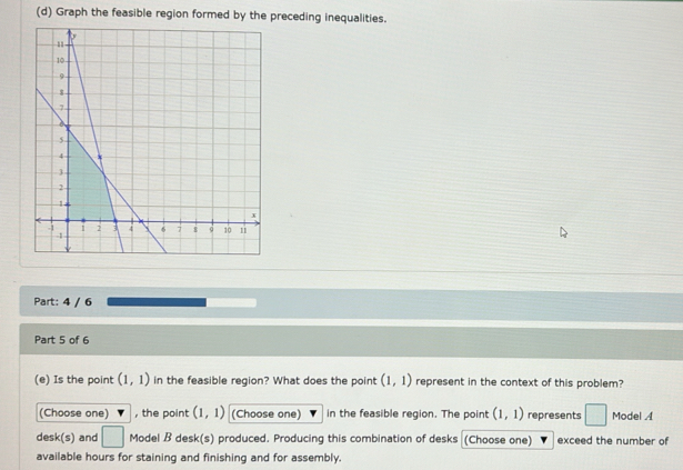 Graph the feasible region formed by the preceding inequalities. 
Part: 4 / 6 
Part 5 of 6 
(e) Is the point (1,1) in the feasible region? What does the point (1,1) represent in the context of this problem? 
(Choose one) , the point (1,1) (Choose one) in the feasible region. The point (1,1) represents □ Model A 
desk(s) and □ Model B desk(s) produced. Producing this combination of desks (Choose one) exceed the number of 
available hours for staining and finishing and for assembly.