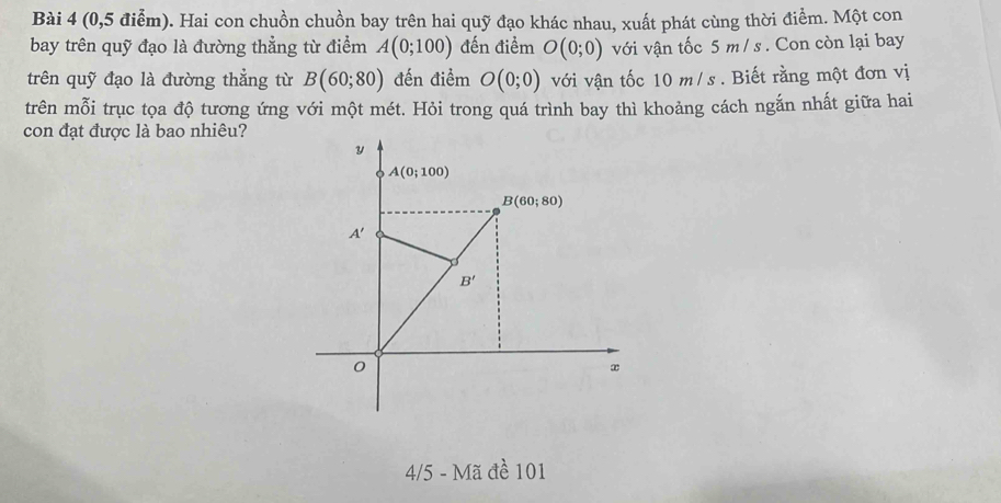 (0,5 điễm). Hai con chuồn chuồn bay trên hai quỹ đạo khác nhau, xuất phát cùng thời điểm. Một con 
bay trên quỹ đạo là đường thẳng từ điểm A(0;100) đến điểm O(0;0) với vận tốc 5 m / s. Con còn lại bay 
trên quỹ đạo là đường thẳng từ B(60;80) đến điểm O(0;0) với vận tốc 10 m /s. Biết rằng một đơn vị 
trên mỗi trục tọa độ tương ứng với một mét. Hỏi trong quá trình bay thì khoảng cách ngắn nhất giữa hai 
con đạt được là bao nhiêu?
y
A(0;100)
B(60;80)
A'
B'
0
x
4/5 - Mã đề 101