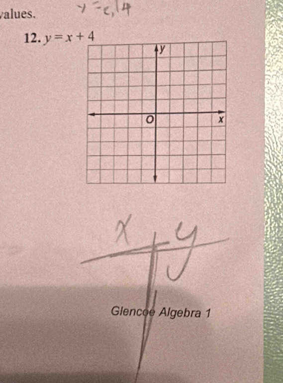 values. 
12. y=x+4
Glencoe Algebra 1