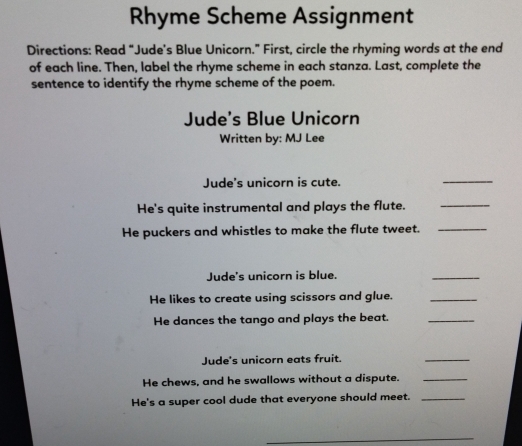 Solved: Rhyme Scheme Assignment Directions: Read “Jude’s Blue Unicorn.” First, circle the ...
