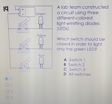 1A lab team constructed
a circuit using three
different-colored
ight-emitting diodes
(LEDs).
Which switch should be
closed in order to light
only the green LED?
A Switch 1
B Switch 2
C Switch 3
D All switches
A
B.
C
D