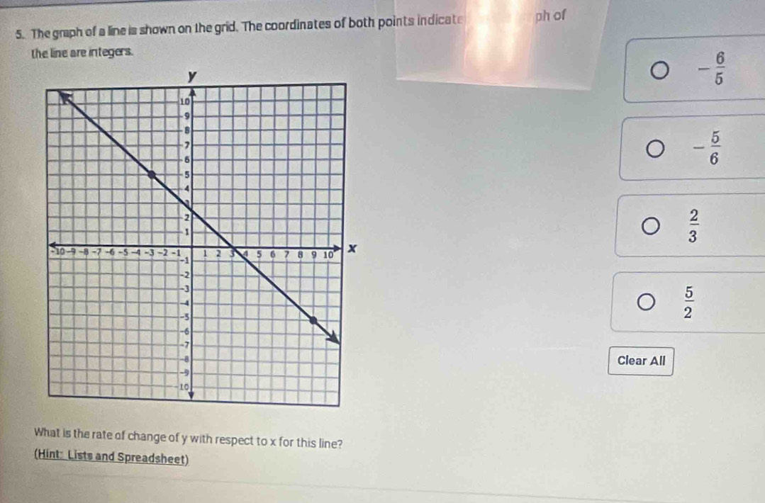 The graph of a line is shown on the grid. The coordinates of both points indicate ph of
the line are integers.
- 6/5 
- 5/6 
 2/3 
 5/2 
Clear All
What is the rate of change of y with respect to x for this line?
Hint: Lists and Spreadsheet)