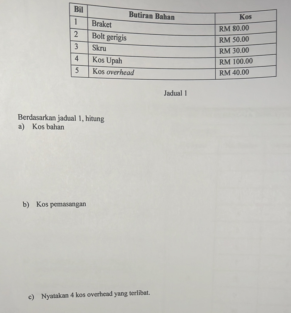 Jadual 1 
Berdasarkan jadual 1, hitung 
a) Kos bahan 
b) Kos pemasangan 
c) Nyatakan 4 kos overhead yang terlibat.