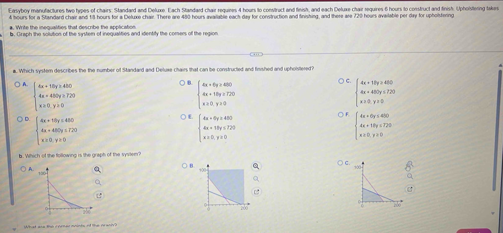 Easyboy manufactures two types of chairs: Standard and Deluxe. Each Standard chair requires 4 hours to construct and finish, and each Deluxe chair requires 6 hours to construct and finish. Upholstering takes
4 hours for a Standard chair and 18 hours for a Deluxe chair. There are 480 hours available each day for construction and finishing, and there are 720 hours available per day for upholstering
a. Write the inequalities that describe the application
b. Graph the solution of the system of inequalities and identify the corners of the region
a. Which system describes the the number of Standard and Deluxe chairs that can be constructed and finished and upholstered?
B. beginarrayl 4x+6y≥ 480 4x+18y≥ 720 x≥ 0,y≥ 0endarray.
C.
A. beginarrayl 4x+18y≥ 480 4x+400y≥ 720 x≥ 0,y≥ 0endarray. beginarrayl 4x+18y≥ 480 4x+480y≤ 720 x≥ 0,y≥ 0endarray.
E. beginarrayl 4x+6y≥ 480 4x+18y≤ 720 x≥ 0,y≥ 0endarray.
F.
D. beginarrayl 4x+10y≤ 480 4x+400y≤ 720 x≥ 0,y≥ 0endarray. beginarrayl 4x+6y≤ 480 4x+18y≤ 720 x≥ 0,y≥ 0endarray.
b. Which of the following is the graph of the system?
B.
C.
A. 100 100
100
0
0 200
a 200
200
。
What are the comor nointe of the nranh?