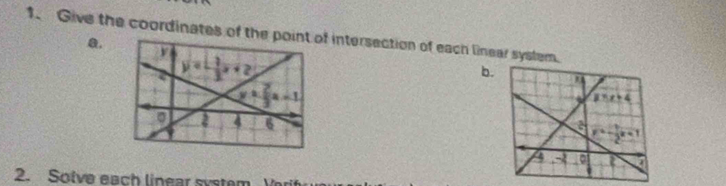 Give the coordinates of the pf intersection of each linear system.
0.
b.
 
2. Solve each linear system