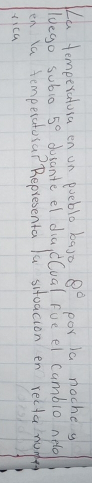 La temeeratusa en on poeblo baso 8° por la noche y 
ldego sublo 5° dosante el dia, cCual Fue el cumblo nelo 
en la temperatosa? Representa la sitoacion en recta numpr 
rica