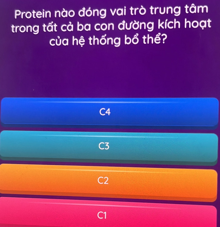 Protein nào đóng vai trò trung tâm 
trong tất cả ba con đường kích hoạt 
của hệ thống bổ thể?
C4
L