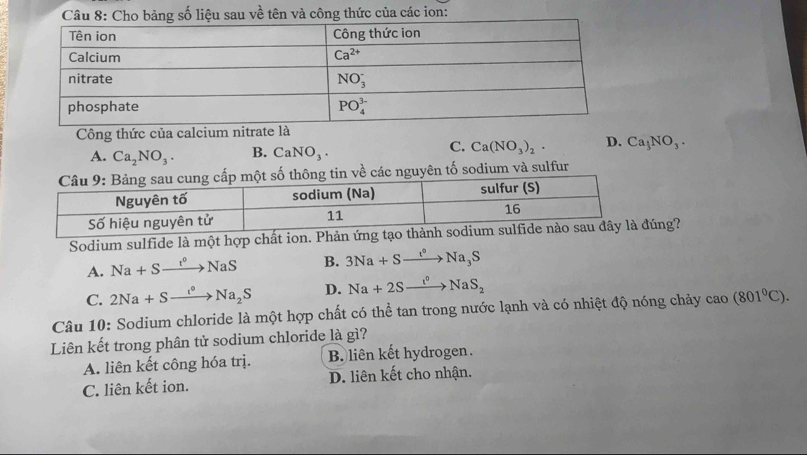 liệu sau về tên và công thức của các ion:
Công thức của calcium nitr
B.
A. Ca_2NO_3. CaNO_3.
C. Ca(NO_3)_2· D. Ca_ 1/3 NO_3.
về các nguyên tố sodium và sulfur
Sodium sulfide là một hợp chất ion. Phđúng?
A. Na+Sxrightarrow t°NaS
B. 3Na+Sto Na_3S
C. 2Na+Sxrightarrow Isqrt()Na_2S D. Na+2Sxrightarrow I°NaS_2
Câu 10: Sodium chloride là một hợp chất có thể tan trong nước lạnh và có nhiệt độ nóng chảy cao(801°C).
Liên kết trong phân tử sodium chloride là gì?
A. liên kết công hóa trị. B liên kết hydrogen.
C. liên kết ion. D. liên kết cho nhận.