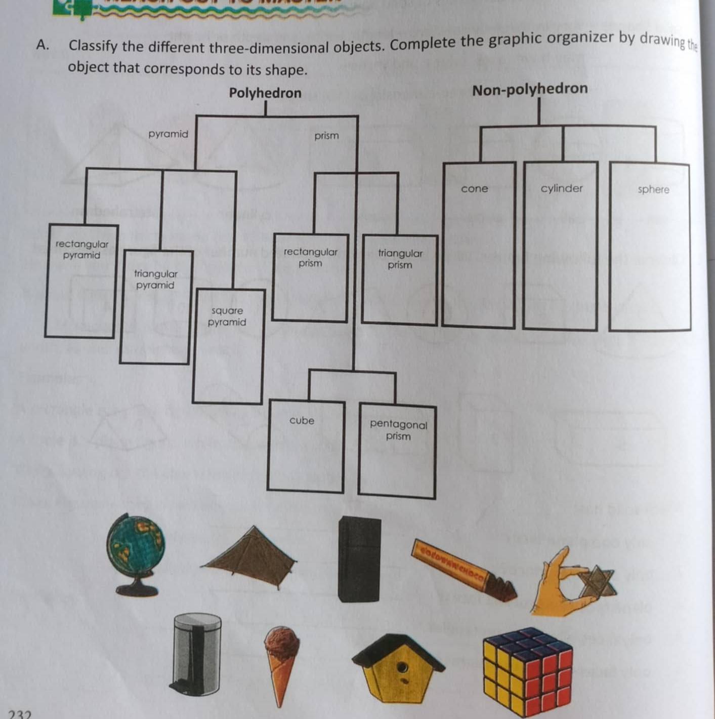 Classify the different three-dimensional objects. Complete the graphic organizer by drawing the 
232