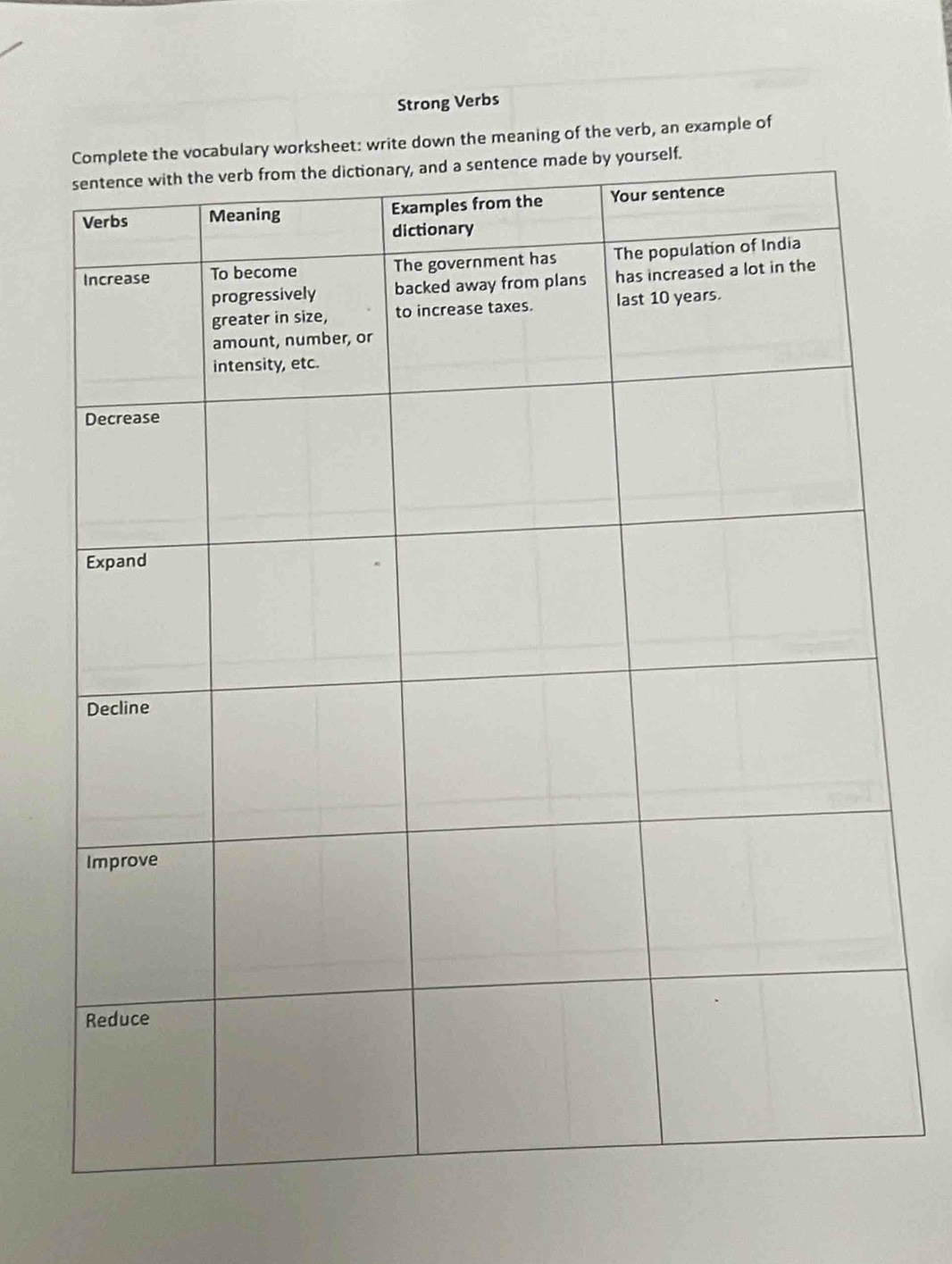 Strong Verbs 
worksheet: write down the meaning of the verb, an example of