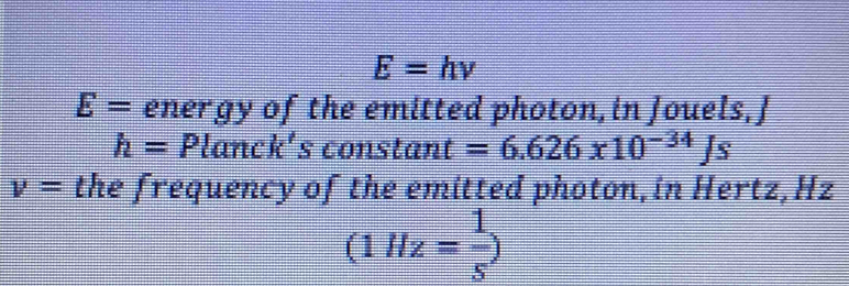 E=hnu
E= energy of the emitted photon, in Jouels, ]
h= Planck's constant =6.626* 10^(-34)Js
v= the frequency of the emitted photon, in Hertz, Hz
(1Hz= 1/5 )