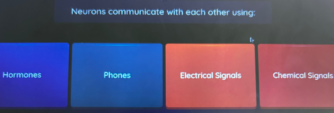 Neurons communicate with each other using:
Hormones Phones Electrical Signals Chemical Signals