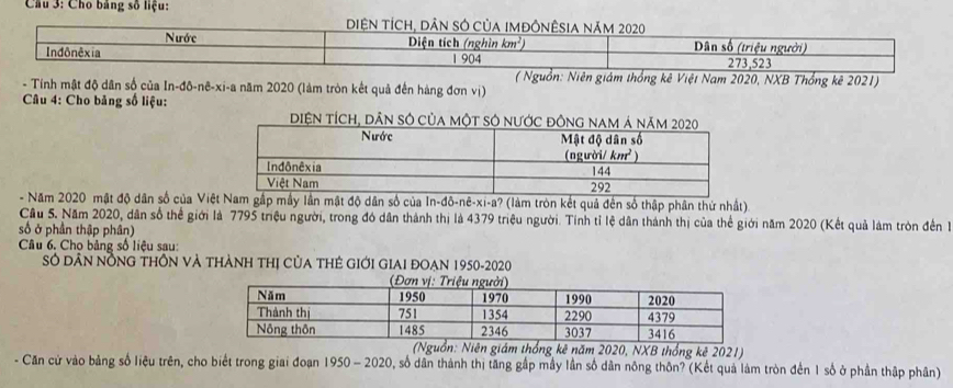 Cầu 3: Cho bảng số liệu:
Diện tích, dân sÓ của imđônêSIa năm 2020
Nước Diện tích (nghìn km²)  Dân số (triệu người)
Indônêxia 1 904 273,523
( Nguồn: Niên giám thống kê Việt Nam 2020, NXB Thổng kê 2021)
- Tính mật độ dân số của In-đô-nê-xi-a năm 2020 (làm tròn kết quả đến hàng đơn vị)
*  Câu 4: Cho bảng số liệu:
Diện tích, dân số của một sở nước đôn
- Năm 2020 mật độ dân số của Việy lần mật độ dân số của 1 n-ddelta -nhat e-xi-a 1? (làm tròn kết quả đến số thập phân thứ nhất)
Cầu 5. Năm 2020, dân số thể giới là 7795 triệu người, trong đó dân thành thị là 4379 triệu người. Tính tỉ lệ dân thành thị của thể giới năm 2020 (Kết quả làm tròn đền 1
số ở phần thập phân)
Câu 6. Cho bảng số liệu sau:
Số DâN NỒNG THÔN VÀ tHàNH THị CủA THẻ GIỚI GIAI ĐOẠn 1950-2020
(Nguồn: Niên giám thống kê năm 2020, NXB thống kê 2021)
- Căn cử vào bảng số liệu trên, cho biết trong giai đoạn 1950 - 2020, số dân thành thị tăng gấp mây lần số dân nông thôn? (Kết quả làm tròn đến 1 số ở phần thập phân)