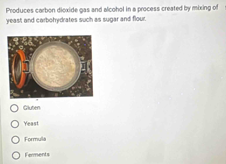 Produces carbon dioxide gas and alcohol in a process created by mixing of
yeast and carbohydrates such as sugar and flour.
Gluten
Yeast
Formula
Ferments