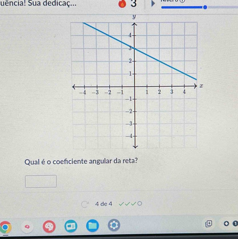 uência! Sua dedicaç... 3 
Qual é o coefciente angular da reta?
4 de 4