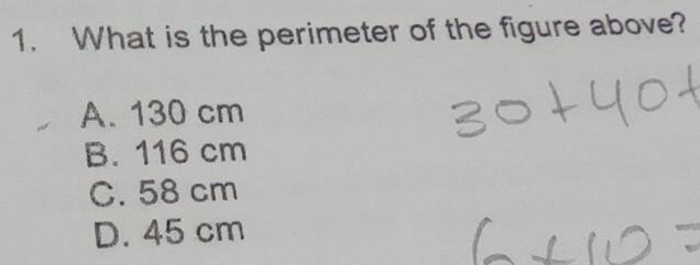 What is the perimeter of the figure above?
A. 130 cm
B. 116 cm
C. 58 cm
D. 45 cm