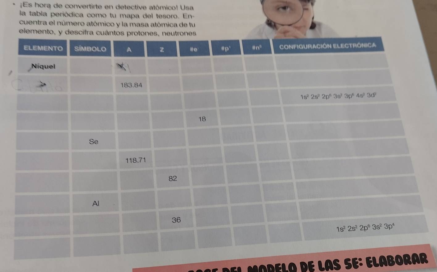 ¡Es hora de convertirte en detective atómico! Usa
la tabla periódica como tu mapa del tesoro. En-
cuentra el número atómico y la masa atómica de tu
90° ELABOR