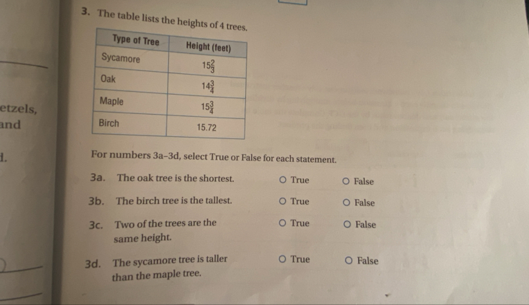 The table lists the heigh
_
etzels, 
and 
1.
For numbers 3a-3d, select True or False for each statement.
3a. The oak tree is the shortest. True False
3b. The birch tree is the tallest. True False
3c. Two of the trees are the True False
same height.
_
3d. The sycamore tree is taller ○ True False
than the maple tree.
_