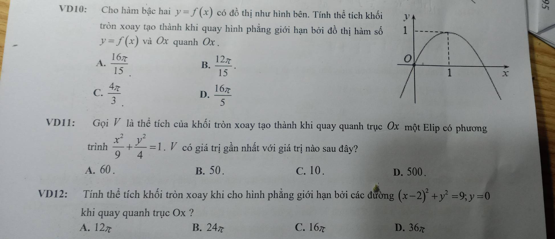 a
VD10: Cho hàm bậc hai y=f(x) có đồ thị như hình bên. Tính thể tích khối 
tròn xoay tạo thành khi quay hình phẳng giới hạn bởi đồ thị hàm số
y=f(x) và 0x quanh 0x.
A.  16π /15   12π /15 . 
B.
C.  4π /3   16π /5 
D.
VD11: Gọi V là thể tích của khối tròn xoay tạo thành khi quay quanh trục Ox một Elip có phương
trình  x^2/9 + y^2/4 =1. V có giá trị gần nhất với giá trị nào sau đây?
A. 60. B. 50. C. 10. D. 500.
VD12: Tính thể tích khối tròn xoay khi cho hình phẳng giới hạn bởi các đường (x-2)^2+y^2=9; y=0
khi quay quanh trục Ox ?
A. 12π B. 24π C. 16π D. 36π