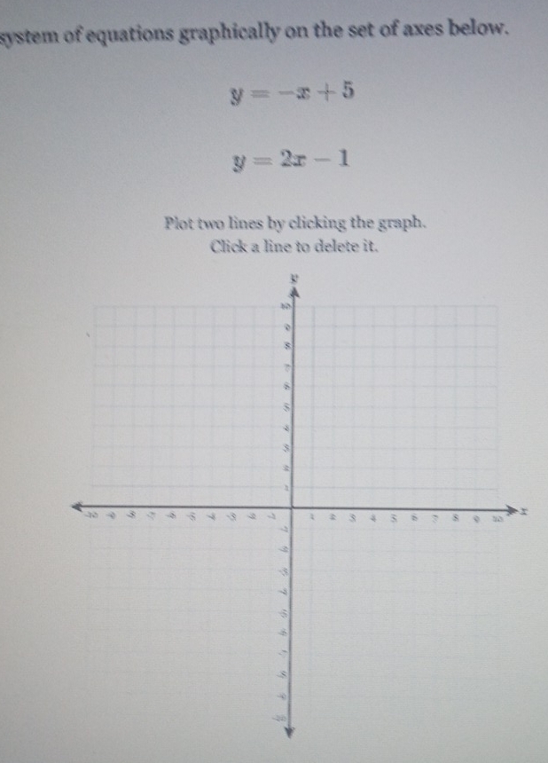 system of equations graphically on the set of axes below.
y=-x+5
y=2x-1
Plot two lines by clicking the graph.
Click a line to delete it.
r