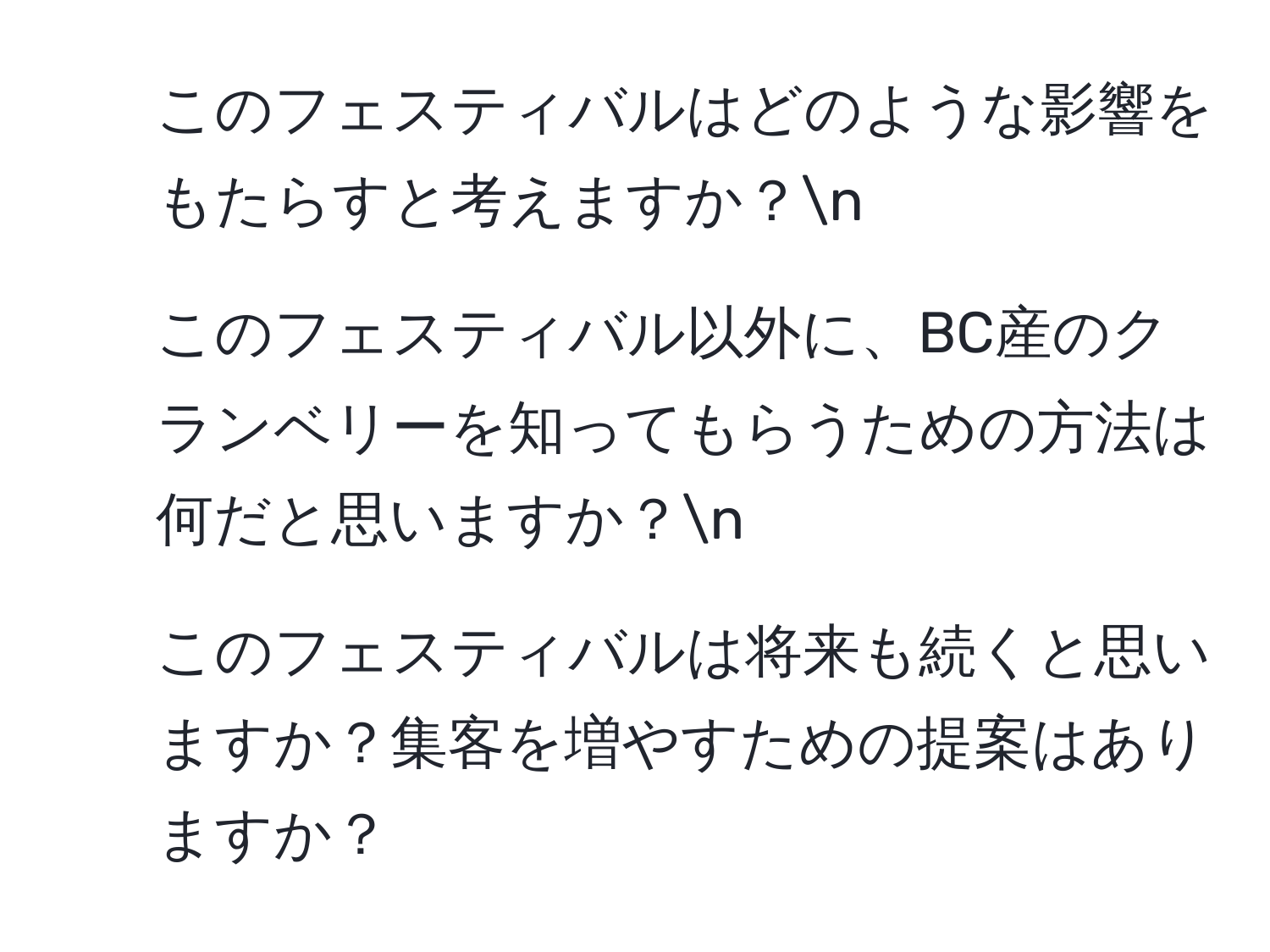 このフェスティバルはどのような影響をもたらすと考えますか？n
2. このフェスティバル以外に、BC産のクランベリーを知ってもらうための方法は何だと思いますか？n
3. このフェスティバルは将来も続くと思いますか？集客を増やすための提案はありますか？