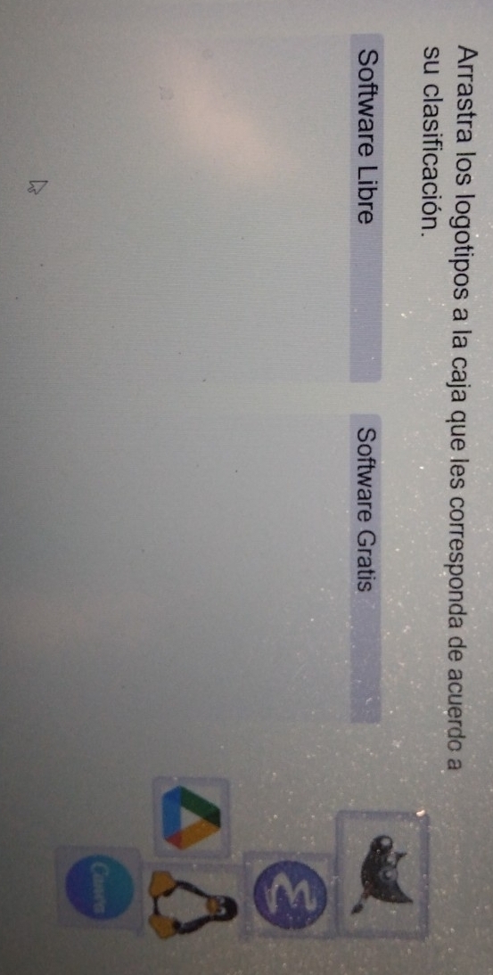 Arrastra los logotipos a la caja que les corresponda de acuerdo a 
su clasificación. 
Software Libre Software Gratis