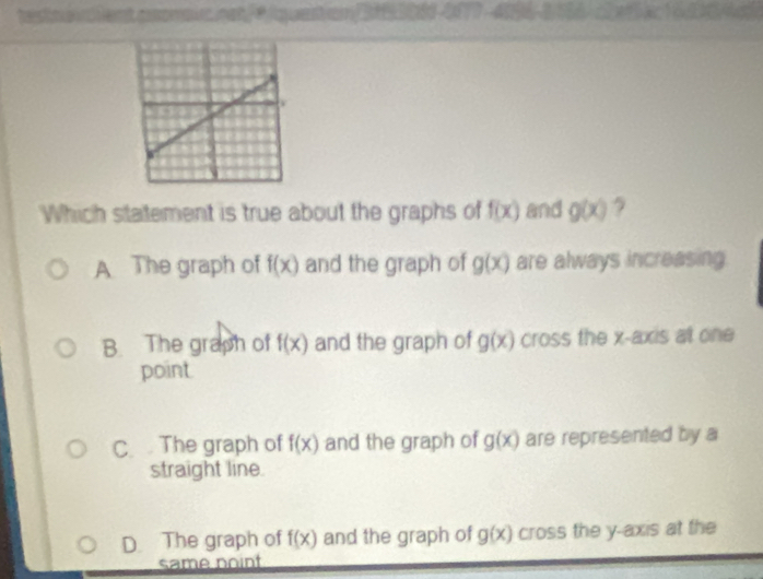 Which statement is true about the graphs of f(x) and g(x)
A The graph of f(x) and the graph of g(x) are always increasing
B. The graph of f(x) and the graph of g(x) cross the x-axis at one
point
C. The graph of f(x) and the graph of g(x) are represented by a
straight line.
D The graph of f(x) and the graph of g(x) cross the y-axis at the
same noint