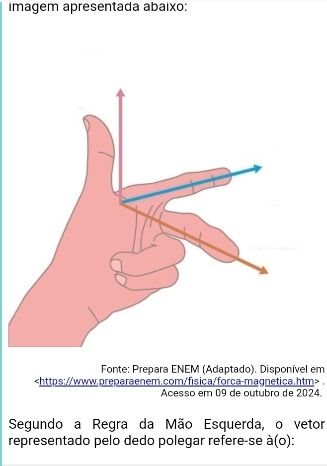 imagem apresentada abaixo: 
Fonte: Prepara ENEM (Adaptado). Disponível em. 
Acesso em 09 de outubro de 2024. 
Segundo a Regra da Mão Esquerda, o vetor 
representado pelo dedo polegar refere-se à(o):