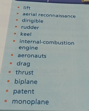 lift
aerial reconnaissance
dirigible
rudder
keel
internal-combustion
engine
aeronauts
drag
thrust
biplane
patent
monoplane