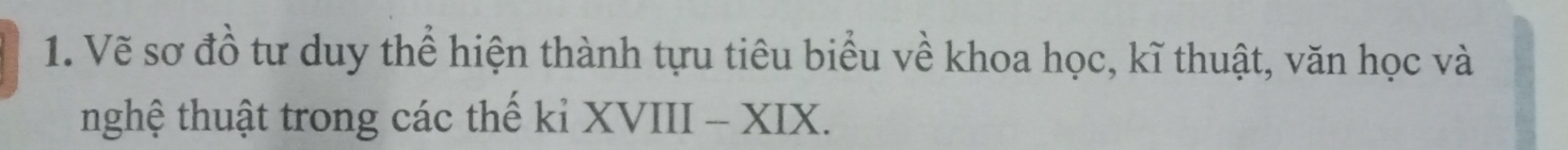 Vẽ sơ đồ tư duy thể hiện thành tựu tiêu biểu về khoa học, kĩ thuật, văn học và 
nghệ thuật trong các thể kỉ XVIII - XIX.