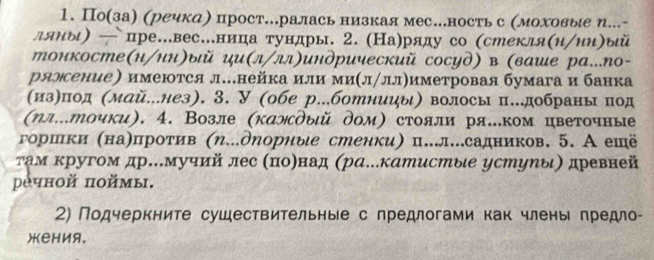 По(за) (речкд) прост.ралась низкая мес…ность с (моховые η...- 
ляны) — цре.вес.ница тундры. 2. (На)ряду со (стекля(и/ин)ый 
тонкосте(н/ин)ый ци(л/лл)индрический сосуд) в (ваше ра…ло- 
рялсение〕 имеются л.нейка или миΚл/ллηиметровая бумага и банка 
(из)под (май..нез). 3. У (обе р..ботнииы) волосы п...добраны под 
(ηлточки). 4. Возле (калдый дом) стояли ря..ком цветочные 
горшки (на)πротив (η..дηориыίе стенки) п...л..садников. 5. А ешё 
τам кругом др...мучий лес Κπоηнад (раекатистыιе устуηы) древней 
рчной ποймы. 
2) Подчеркните сушествительные с предлогами как члены πредло- 
)еHиA.