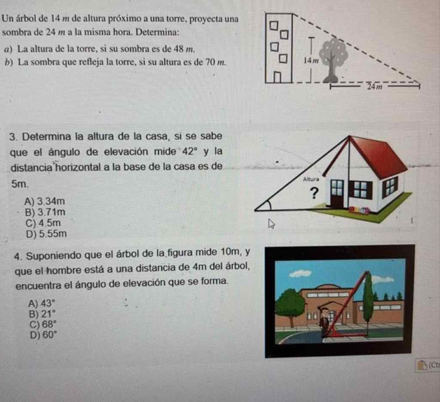 Un árbol de 14 m de altura próximo a una torre, proyecta una
sombra de 24 m a la misma hora. Determina:
a) La altura de la torre, si su sombra es de 48 m.
b) La sombra que refleja la torre, si su altura es de 70 m.
14m
24m
3. Determina la altura de la casa, si se sabe
que el ángulo de elevación mide 42° y la
distancia horizontal a la base de la casa es de
5m.
A) 3.34m
B) 3.71m
C) 4.5m
D) 5.55m
4. Suponiendo que el árbol de la figura mide 10m, y
que el hombre está a una distancia de 4m del árbol,
encuentra el ángulo de elevación que se forma.
A) 43°
B) 21°
C) 68°
D) 60°
(C