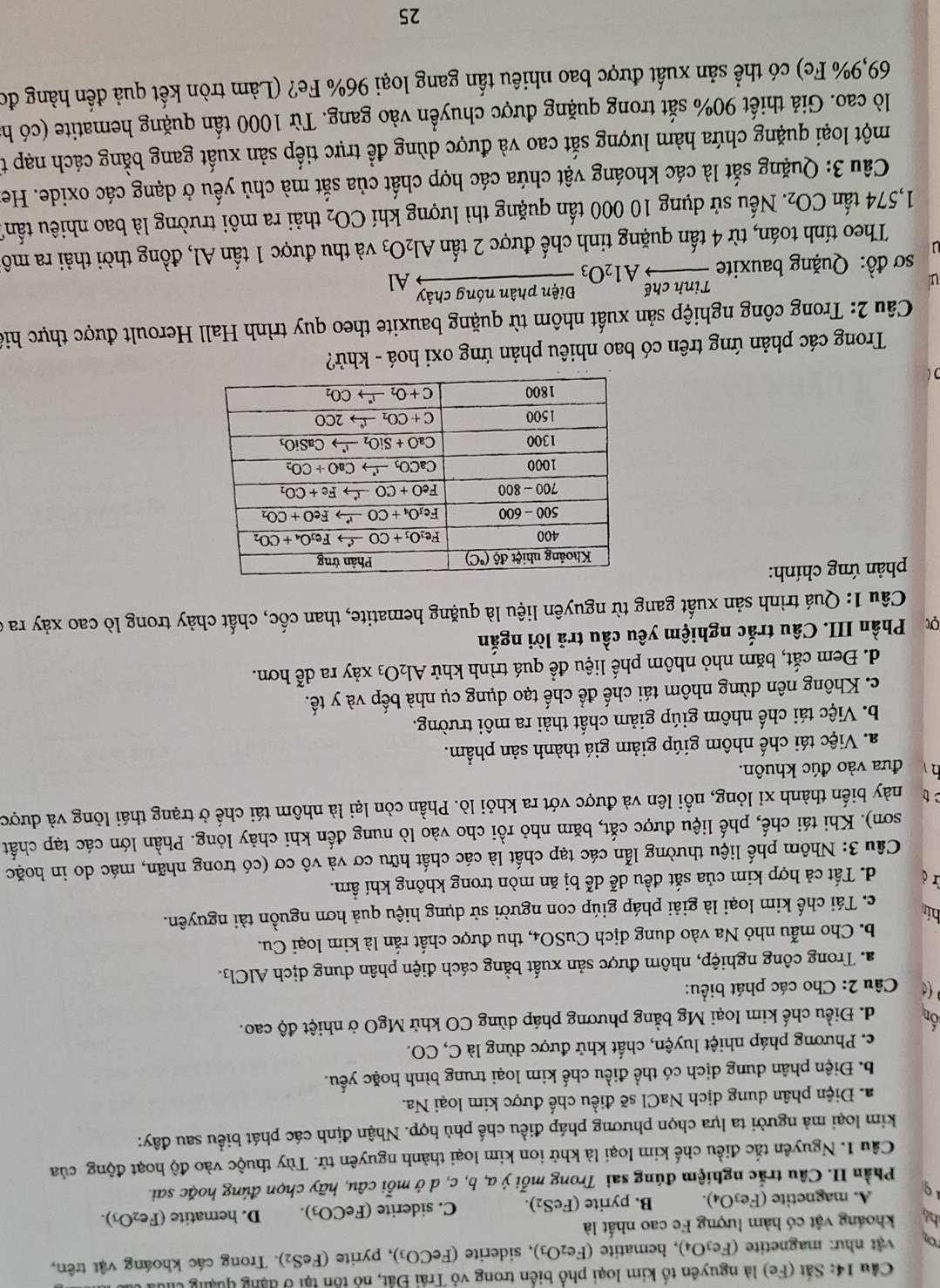 Sắt (Fe) là nguyên tố kim loại phổ biến trong vỏ Trái Đất, nó tồn tại 9 đạng quảng chua 
o vdt nh: magnetite (Fe_3O_4) , hematite (Fe_2O_3) , siderite (FeCO_3) , pyrite (FeS_2). Trong các khoáng vật trên,
bó khoảng vật có hàm lượng Fe cao nhất là
19 A. magnetite (Fe_3O_4). B. pyrite (FeS_2). C. siderite (FeCO_3). D. hematite (Fe_2O_3).
Phần II. Câu trắc nghiệm đúng sai Trong mỗi ý a, b, c, d ở mỗi câu, hãy chọn đứng hoặc sai.
Câu 1. Nguyên tắc điều chế kim loại là khử ion kim loại thành nguyên tử. Tùy thuộc vào độ hoạt động của
kim loại mà người ta lựa chọn phương pháp điều chế phù hợp. Nhận định các phát biểu sau đây:
a. Điện phân dung dịch NaCl sẽ điều chế được kim loại Na.
b. Điện phân dung dịch có thể điều chế kim loại trung bình hoặc yếu.
c. Phương pháp nhiệt luyện, chất khử được dùng là C, CO.
Ön d. Điều chế kim loại Mg bằng phương pháp dùng CO khử MgO ở nhiệt độ cao.
fd  Câu 2: Cho các phát biểu:
a. Trong công nghiệp, nhôm được sản xuất bằng cách điện phân dung dịch Á AI Cl3.
b. Cho mẫu nhỏ Na vào dung dịch CuSO4, thu được chất rắn là kim loại Cu.
hir
c. Tái chế kim loại là giải pháp giúp con người sử dụng hiệu quả hơn nguồn tài nguyên.
rd d. Tất cả hợp kim của sắt đều dễ dễ bị ăn mòn trong không khí ẩm.
Câu 3: Nhôm phế liệu thường lẫn các tạp chất là các chất hữu cơ và vô cơ (có trong nhãn, mác do in hoặc
sơn). Khi tái chế, phế liệu được cắt, băm nhỏ rồi cho vào lò nung đến khi chảy lỏng. Phần lớn các tạp chất
Ct này biến thành xỉ lỏng, nổi lên và được vớt ra khỏi lò. Phần còn lại là nhôm tái chế ở trạng thái lỏng và dược
h đưa vào đúc khuôn.
a. Việc tái chế nhôm giúp giảm giá thành sản phẩm.
b. Việc tái chế nhôm giúp giảm chất thải ra môi trường.
c. Không nên dùng nhôm tái chế để chế tạo dụng cụ nhà bếp và y tế.
d. Đem cắt, băm nhỏ nhôm phế liệu để quá trình khử Al_2O_3 xảy ra dễ hơn.
ợ  Phần III. Câu trắc nghiệm yêu cầu trả lời ngắn
Câu 1: Quá trình sản xuất gang từ nguyên liệu là quặng hematite, than cốc, chất chảy trong lò cao xảy ra ở
phản ứng chính:
Trong các phản ứng trên có bao nhiêu phản ứng oxi hoá - khử?
Câu 2: Trong công nghiệp sản xuất nhôm từ quặng bauxite theo quy trình Hall Heroult được thực hiệ
1 
sơ đồ: Quặng bauxite xrightarrow TinhcheAl_2O_3xrightarrow Dienphann6ngchayAl
Theo tính toán, từ 4 tấn quặng tinh chế được 2tdot anAl_2O_3 và thu được 1 tấn A1, đồng thời thải ra mô
1,574 tấn CO_2. Nếu sử dụng 10 000 tấn quặng thì lượng khí CO_2 thải ra môi trường là bao nhiêu tấn'
Câu 3: Quặng sắt là các khoáng vật chứa các hợp chất của sắt mà chủ yếu ở dạng các oxide. He
một loại quặng chứa hàm lượng sắt cao và được dùng đề trực tiếp sản xuất gang bằng cách nạp t
lò cao. Giả thiết 90% sắt trong quặng được chuyển vào gang. Từ 1000 tấn quặng hematite (có ha
69,9% Fe) có thể sản xuất được bao nhiêu tấn gang loại 96% Fe? (Làm tròn kết quả đến hàng đo
25